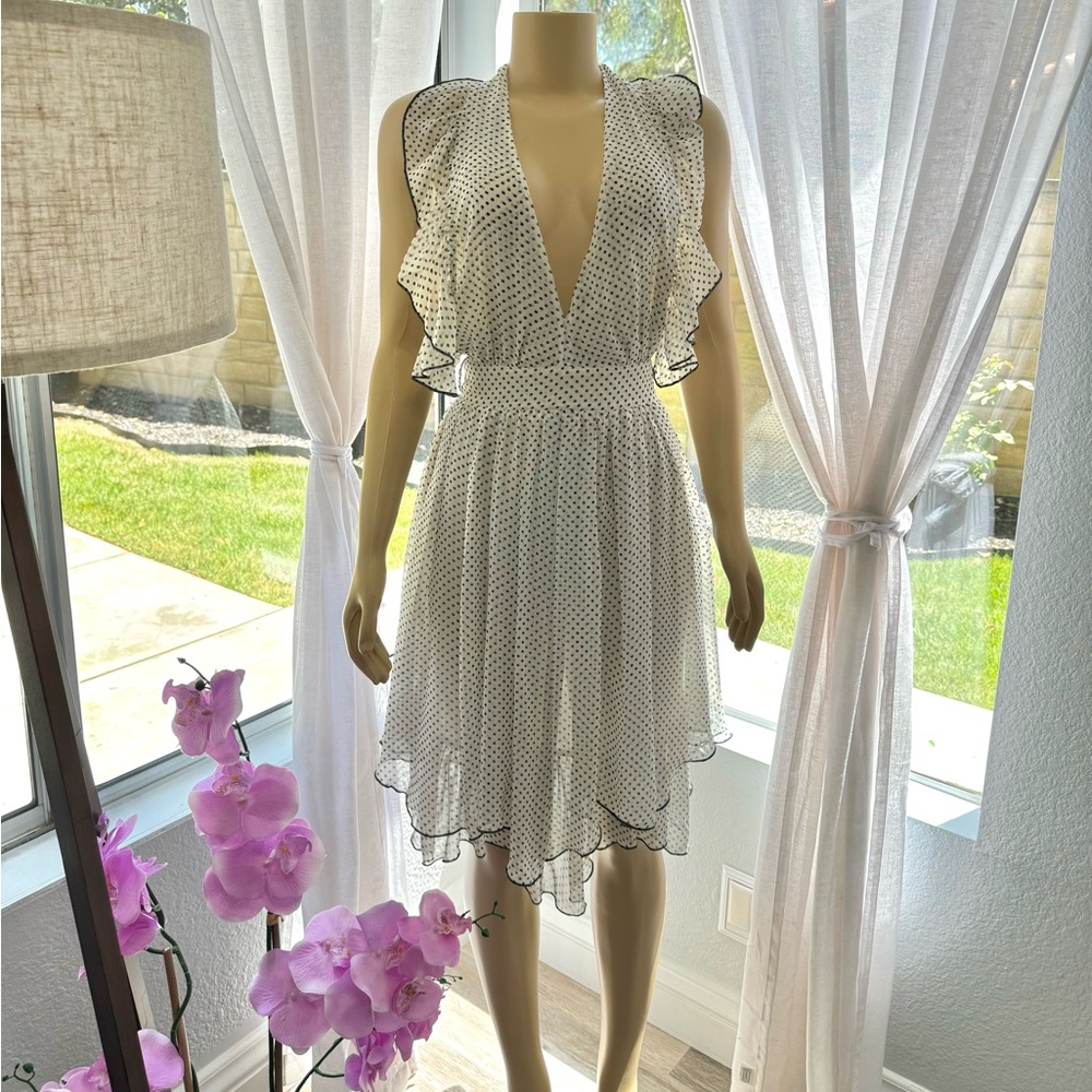 FumbLin Foe Women’s Retro Halter Neck White Polka Dot Dress Ruffle Asymmetrical